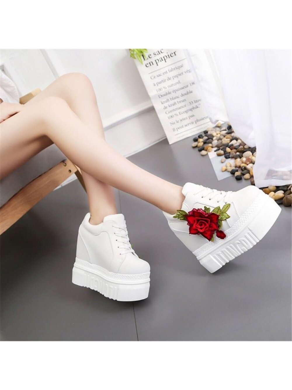 Women's White Canvas Fabric Rubber Sole High Wedge Heel Brides Wedding Shoes - Picture 2 of 5